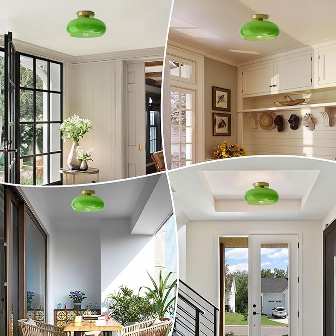 Green Ceiling Light - Mid Century Modern Flush Ceiling Light with Milk Glass Globe and Dark Green Lamp Shade in Brushed Brass for Dining Room