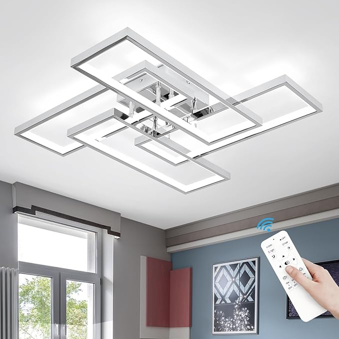 Dimmable Modern LED Ceiling Light, 4-Square Modern Ceiling Lighting for Living Room with Remote Control 26In Chrome Bedroom Ceiling Lights Fixures for Kitchen, Bathroom, Dining Room