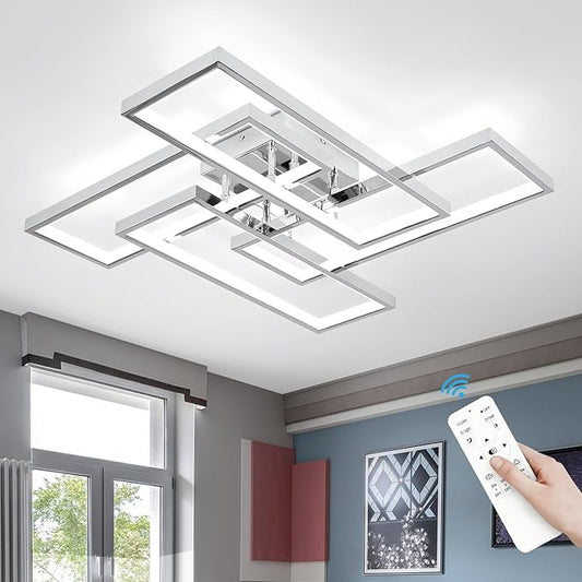 Dimmable Modern LED Ceiling Light, 4-Square Modern Ceiling Lighting for Living Room with Remote Control 26In Chrome Bedroom Ceiling Lights Fixures for Kitchen, Bathroom, Dining Room