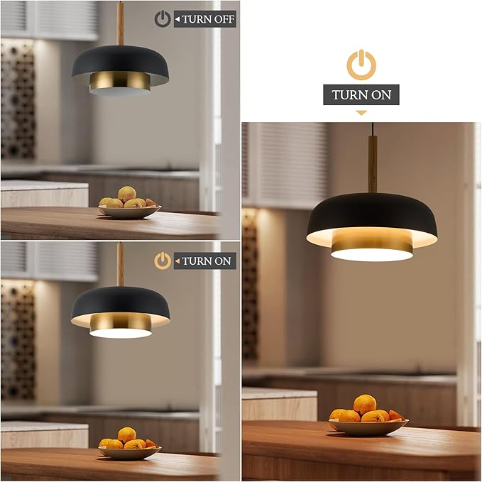 Mid Century Large Pendant Lighting,18.8 inch,Double-Layer,Real Wood Accent,Black and Gold Modern Chandelier for Dining Room,Kitchen, Living Room