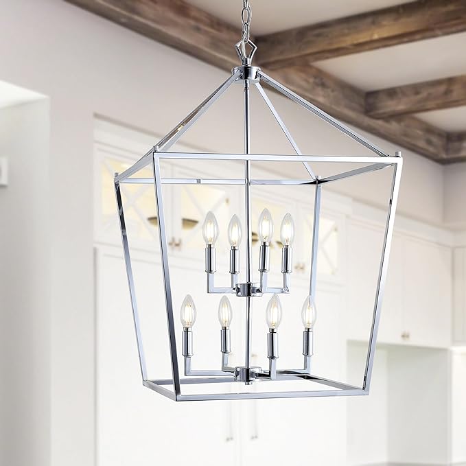 JONATHAN Y 20" Chrome Lantern Pendant Light, 1-Light Pagoda Style Metal Cage Farmhouse Hanging Ceiling Fixture for Kitchen Island, LED Bulb Included (JYL7438C)
