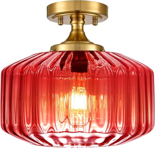 Gold Bathroom Ceiling Light Fixtures Vintage Ribbed Glass Overhead Light Flush Mount Ceiling Light 1-Light Red Chandelier Kitchen Light for Laundry Room Foyer Closet