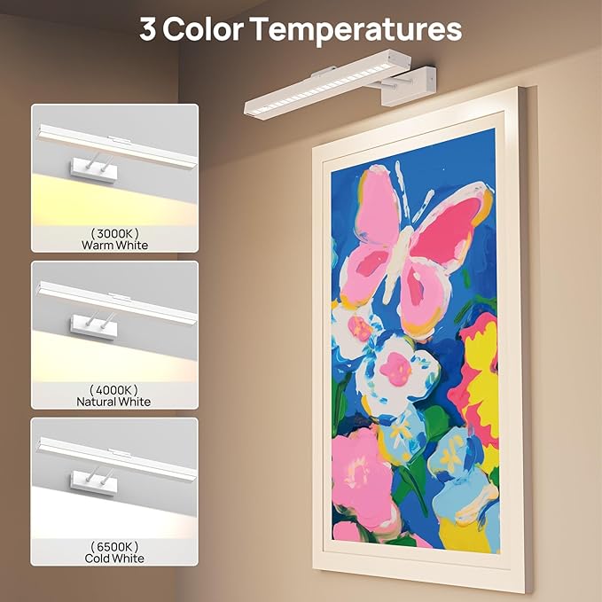 PESUTEN Picture Light Battery Operated, 16in Wireless Art Light for Paintings CCT Dimmable Recharging Battery Picture Light with Remote Control for Gallery Dartboard Art Bedroom Bathroom 2pcs White