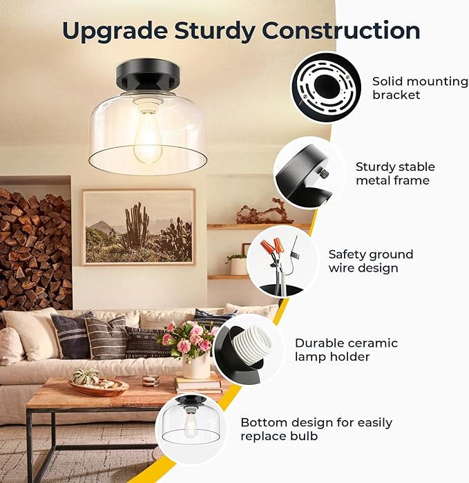 LACCEN Semi Flush Mount Ceiling Light - Clear Glass Pendant Lamp Shade, Matte Black Finish, Modern Farmhouse Light Fixture for Hallway Corridor Kitchen Entryway Bedroom, Bulb Not Included