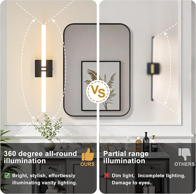 Bathroom Light Fixtures,Black 18W LED 360° Full Lighting Modern Wall Sconce Vanity Light with 5-Color Dimmable 3000K-6000K, 22.05inch Vanity Lighting for Bath, Powder Room, Bedroom, Hallway