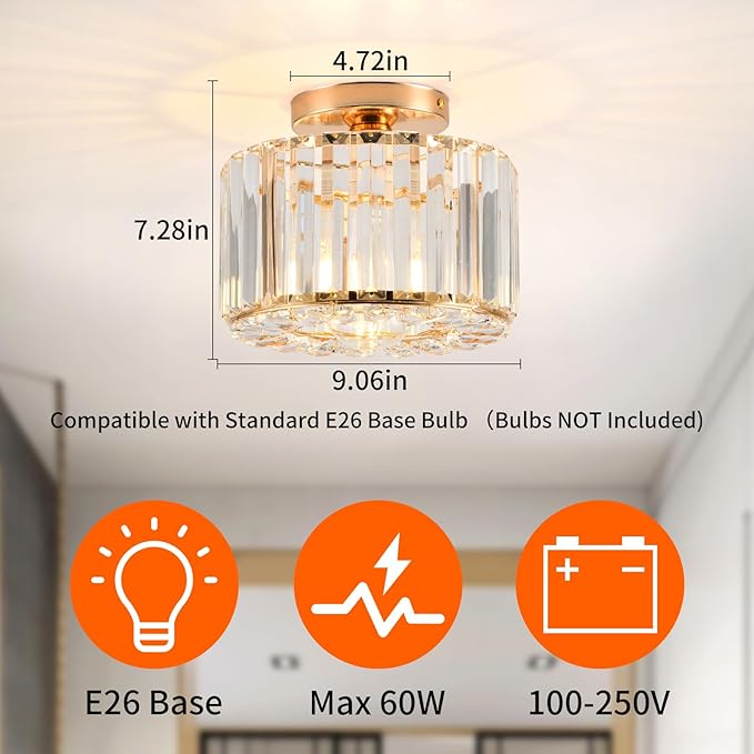 Crystal Ceiling Light, Semi Flush Mount Ceiling Light Gold Crystal Chandelier for Bedroom Kitchen Hallway Entrance Balcony Dining Rooms Living Rooms Bar