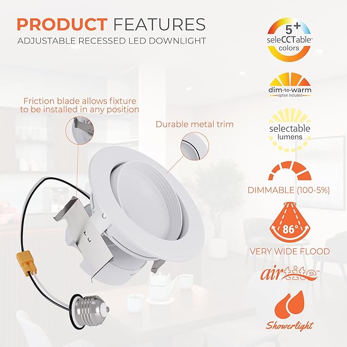 HALO RA 4 inch LED Recessed Light Trim with Adjustable Gimbal, Selectable Lumens and Selectable Color Temperature, Dim-to-Warm Feature, Damp Location Rated RA4LS9FSD2W1EWH