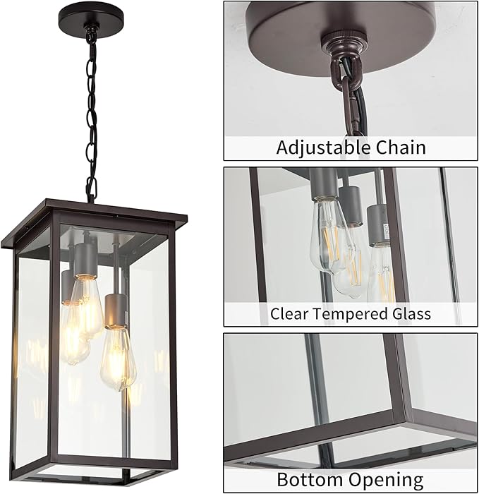 3-Light Outdoor Indoor Chandeliers,Oil Rubbed Bronze Pendant Light with Clear Glass Shade,Exterior Hanging Lantern for Front Porch Entrance Foyer Entryway (Bulb Not Included)