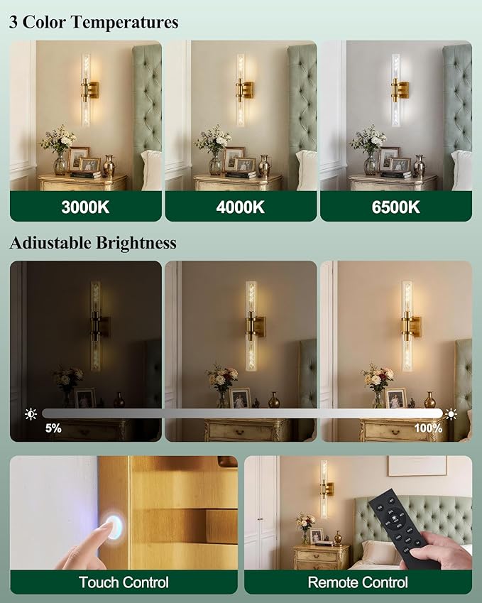 Gold Wireless Battery Operated Wall Sconces Set of 2，Glass Rechargeable Wall Lamps with Remote, Cordless Battery Powered Decor Lights Fixture for Bathroom Living Room Bedroom Hallway Entryway