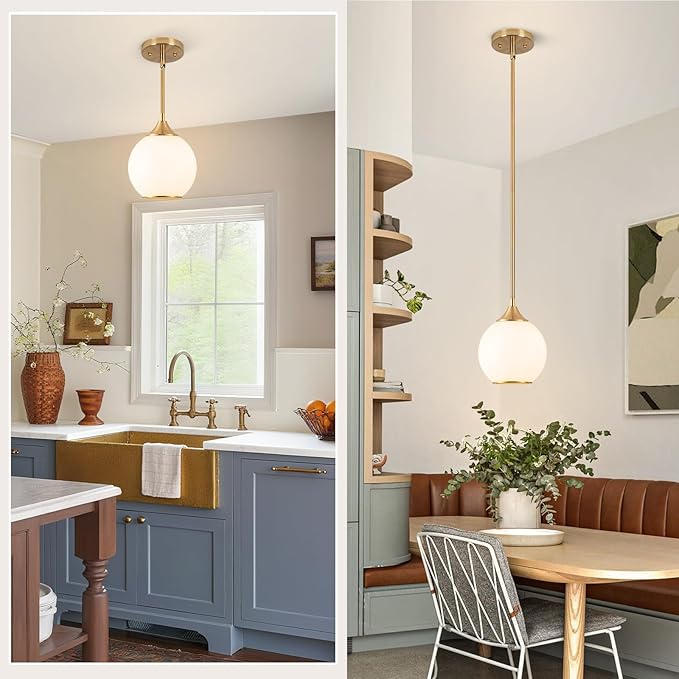 Pendant Lights Kitchen Island,Farmhouse Pendant Light with Milky Glass Globe Shade,6.29" Glass Pendant Light for Brushed Bronze Finish Farmhouse Entryway Dining Room Kitchen Island 1 Light