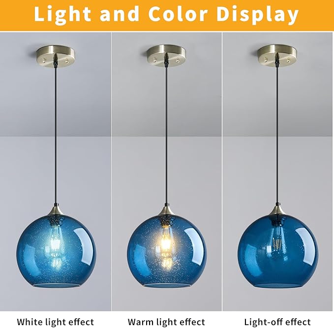 Modern 3-Pack Glass Globe Pendant Lights, Blue Modern Pendant Lighting for Kitchen Island, Clear Glass Hanging Lamps for Dining Room Living Room Bedroom, Large 9.85 Inch Fixture (Bulbs Not Included)