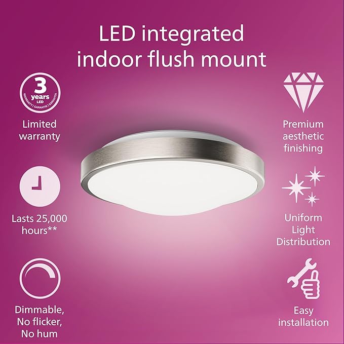 Philips LED 11" Flush Mount Ceiling Light 1-Pack, Selectable White Multi-CCT Brushed Nickel, 1200 Lumen (16W = 75W) Dimmable Ceiling Light, Frosted Flicker-Free, No Bulbs Required