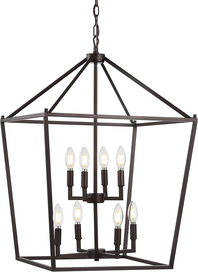JONATHAN Y 20" Oil Rubbed Bronze Lantern Pendant Light, 8-Light Pagoda Style Metal Cage Farmhouse Hanging Ceiling Fixture for Kitchen Island, LED Bulb Included (JYL7438A)