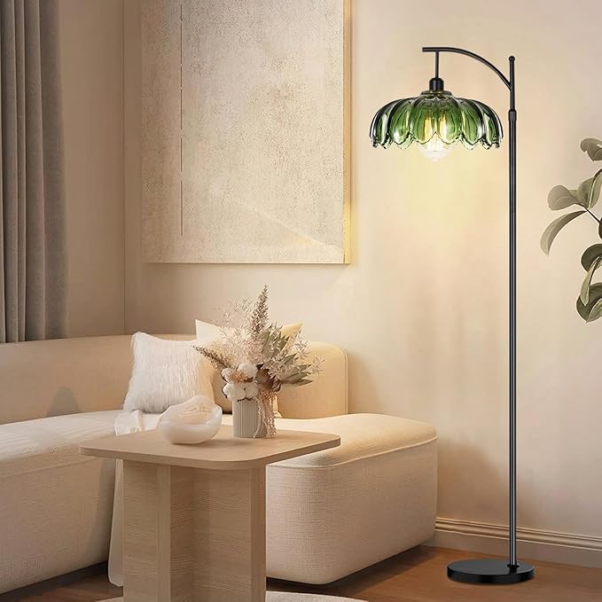 QIYIZM Glass Floor Lamp for Living Room,Bedroom,Gold Dimmable Standing Lamp with Remote,Mid Century Modern Brass Tall Lamp Boho Vintage Retro Floor Lamps Arc Green Flower Floor Light Lamp Bohemian