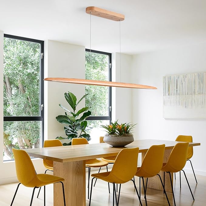 YISDESIGN 39" 24W Wood LED Linear Pendant Light Fixture Led Dining Room Light Dimmable Hanging Light Fixture for Dining Room Kitchen Island Pool Table Lights Natural Wood Color