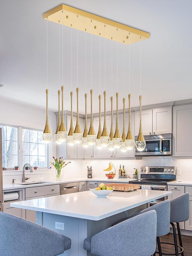 ykolupty 14-Light Modern LED Pendant Lighting Fixture for Kitchen Island Raindrop Crystal Chandelier Gold Chandelier for Dining Room High Ceiling Chandeliers for Staircase Foyer Hallway Villa