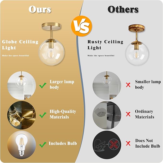 8 Inch Gold Semi Flush Mount Ceiling Light Fixture Clear Glass Globe Ceiling Light Fixture Modern Hallway Light Fixtures Mid Century Ceiling Light Brass Finish for Entryway Bedroom (Bulb Incl.)