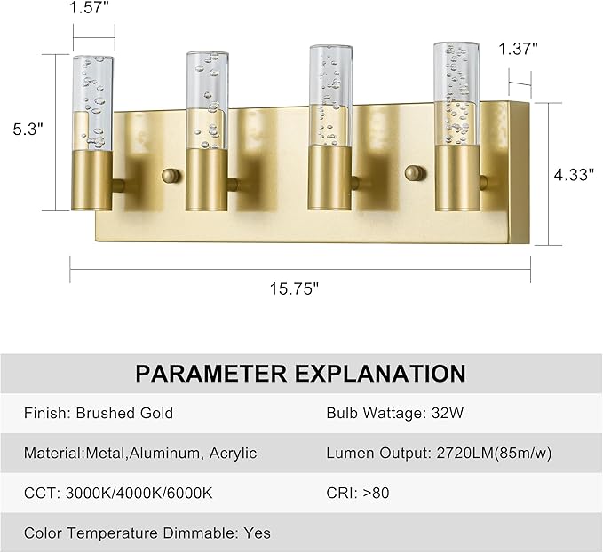 Bathroom Vanity Light Fixtures Over Mirror Brushed Golden Finish Coating, 4 Light Vanity Lights, Wall Sconces Fixture Vanity Lighting for Bathroom