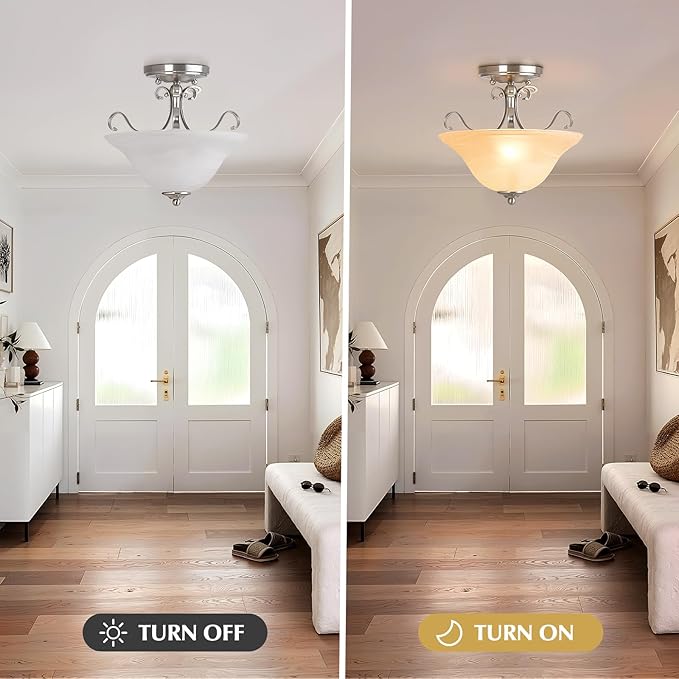 Luvkczc Semi Flush Mount Ceiling Light,Brushed Nickel Ceiling Light Fixture, Mid Century Ceiling Light,Modern Glass Close to Ceiling Light for Bedroom Kitchen Porch Hallway,Bulbs Not Included