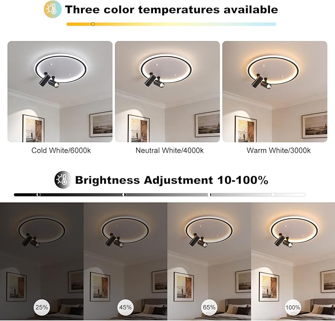 Modern LED Bedroom Ceiling Light, 2 Adjustable Spotlights, Dimmable Round Close to Ceiling Lamp, Black White Minimalist Lighting for Living Room Bedroom Kitchen Dining Room