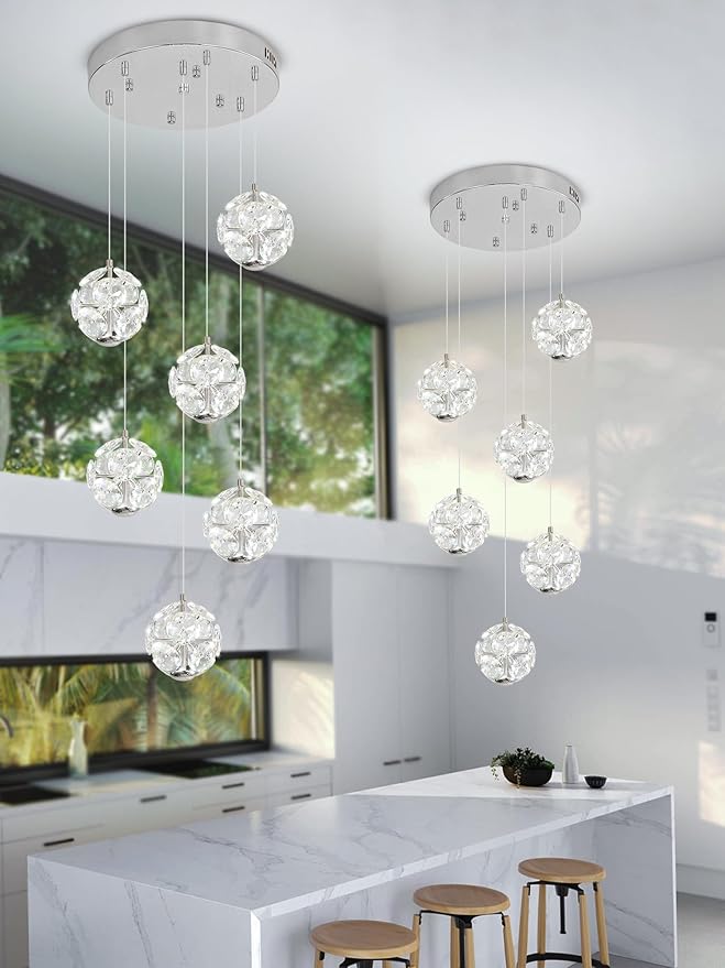 ykolupty LED Staircase Chandelier Modern Crystal Globe Pendant Light Crystal Chandeliers for High Ceilings, Hanging Lighting Fixture for Villas Foyer Hallway Entryway (6-Lights)