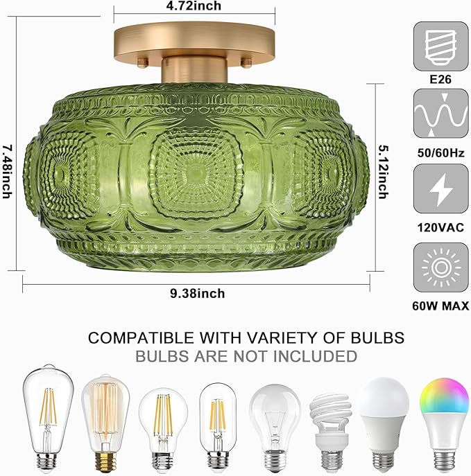 Semi Flush Mount Ceiling Light, Green Globe Glass Ceiling Light Fixture, Art Deco Kitchen Lighting fixtures Ceiling for Hallway Porch Corridor Bedroom, Bulb Not Included