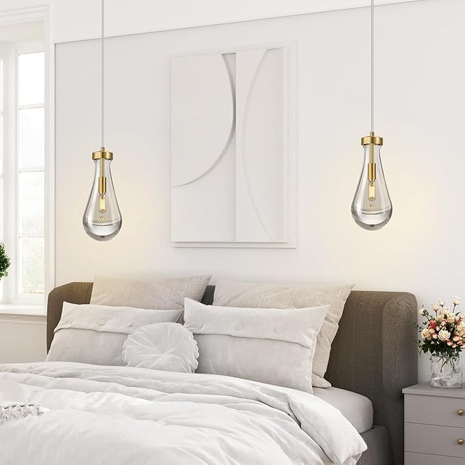 Raindrop Pendant Lights Kitchen Island Teardrop Gold Hanging Light Fixtures Clear Solid Glass Pendant Light Modern Chandeliers for Dining Room Porch Corridor Living Room…