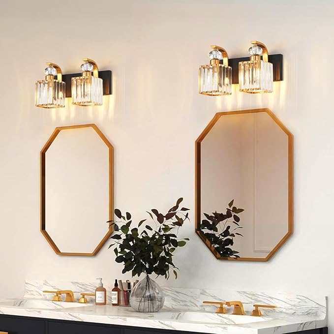 Modern Bathroom Vanity Light, 2-Light Black Gold Bathroom Lighting Fixtures Over Mirror, 12.6" Crystal Wall Light Sconce for Bathroom/Bedroom/Vanity, Includes LED Bulbs, Easy Installation