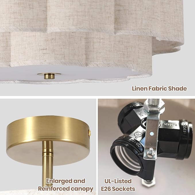 Modern Semi Flush Mount Ceiling Light ,17.7" Modern Gold Drum Ceiling Lighting Fixture with Linen Shade ,3-Light Vintage Lamp for Living Room, Bedroom, Kitchen, Dining Room, Hallway, Entryway