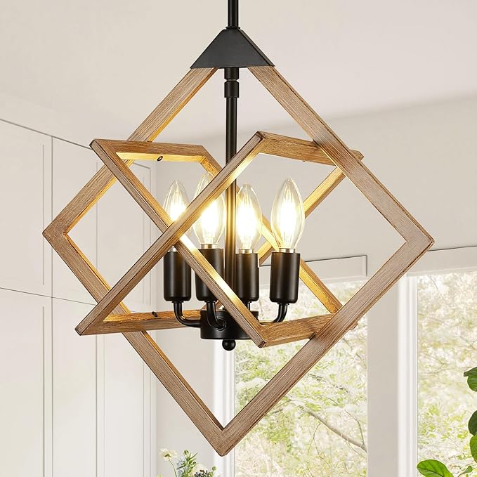18" Modern Pendant Lights Kitchen Island, 4-Light Black + Wood Grain Farmhouse Pendant Light Fixtures, Industrial Hanging Pendant Lights Fixture for Kitchen Island Dining Room Hallway Foyer Entryway