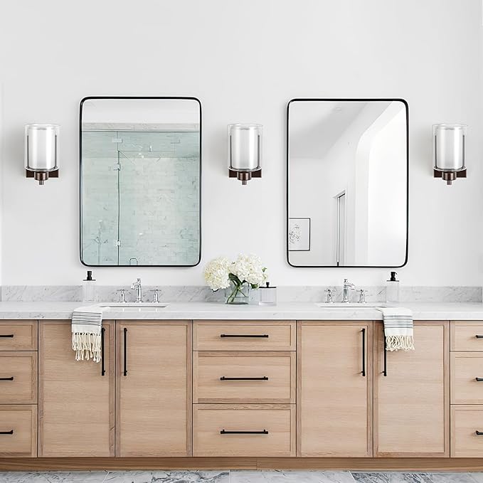 3 Pack Bath Vanity Light Fixtures, Modern Indoor Wall Scone Lighting with Dual Glass Shade, Oil Rubbed Bronze Wall Lamp for Bedroom Mirror Kitchen Living Room Entryway