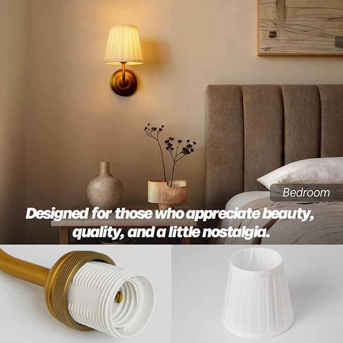 Vintage Gold Wall Sconce Light Brass Bathroom Vanity Light with White Fabric Shade Hardwire Modern Wall Sconces Lamp for Bedroom Living Room Bathroom Kitchen Indoor E26