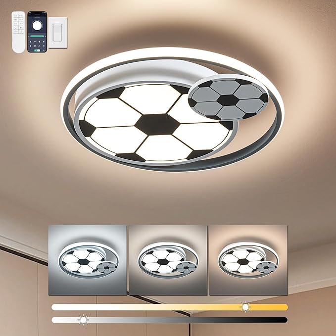 Modern Ceiling Light LED Kids Room Ceiling Lamp for Bedroom Dimmable Soccer Flush Mount Ceiling Light with Remote Control 17" Living Room Light Fixtures for BoysRoom,Kitchen 3000k-6000K