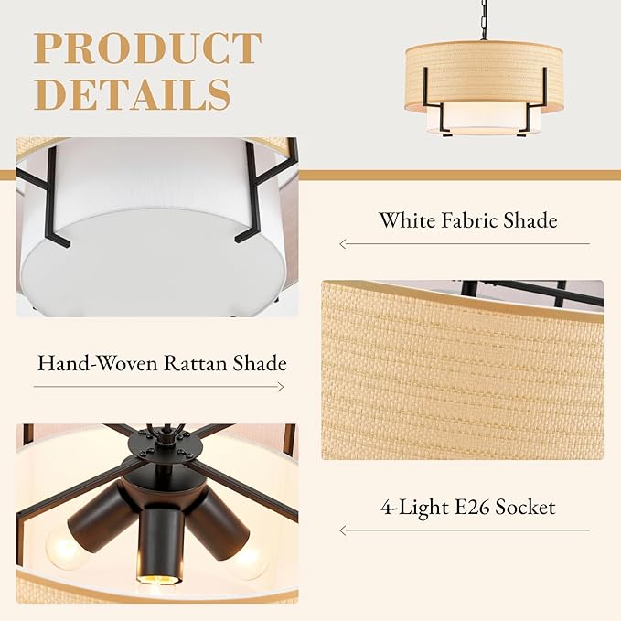 VILUXY 19.8’’ Farmhouse Boho Chandelier, 4-Light Hand Woven Rattan Pendant Light with Fabric Shade Rustic Drum Chandelier for Dining Room Kitchen Bedroom Foyer Entryway Living Room, UL Listed