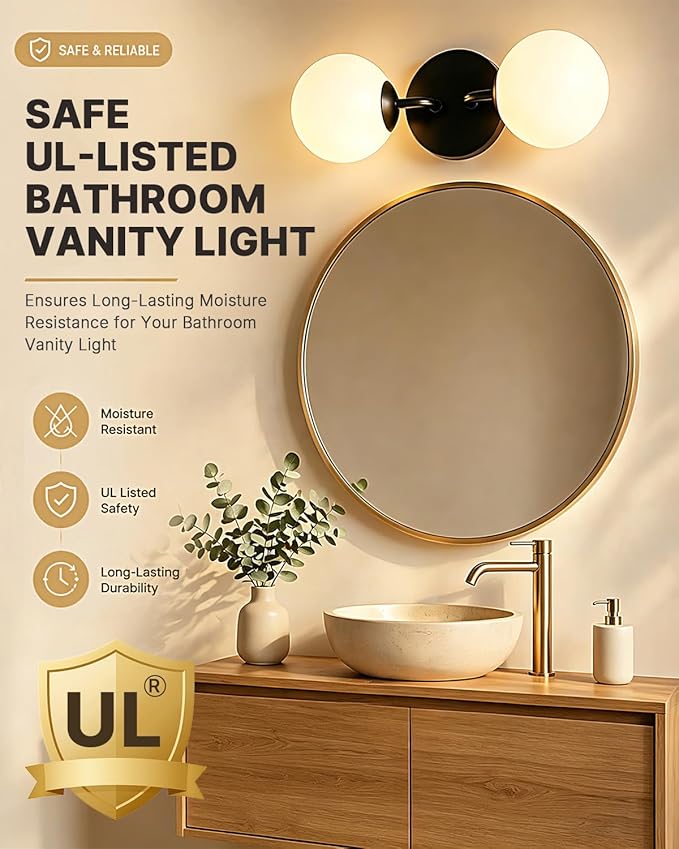 Yunnix Black Bathroom Vanity Light, Modern Globe Vanity Lighting Fixtures with Milk White Glass Shade, Mid Century Vanity Lights Wall Sconce Over Mirror for Bathroom Hallway Entryway (2 Pack)