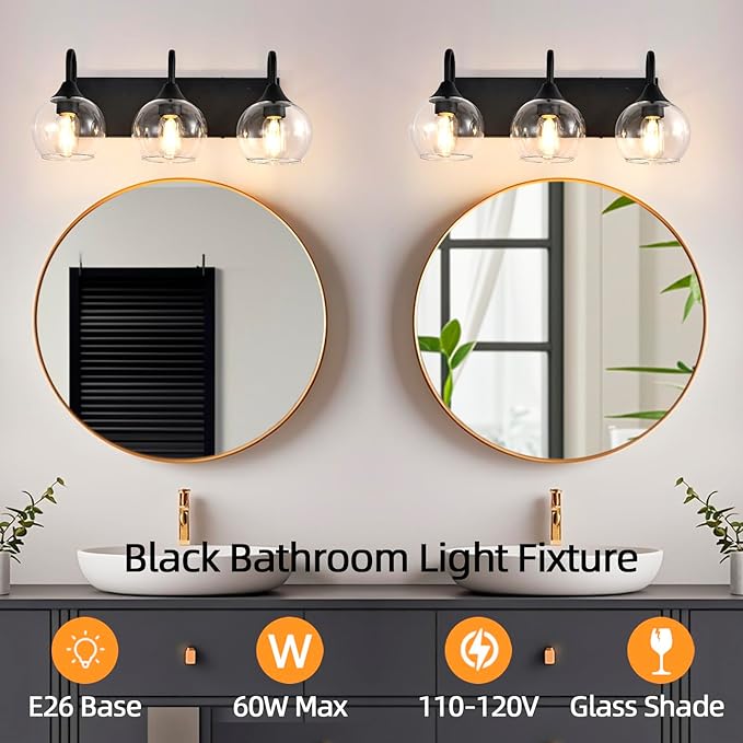 Bathroom Light Fixtures, 3-Light Matte Black Vanity Light Over Mirror, Modern Wall Sconces 21" with Clear Glass Globe Shade, Bathroom Wall Lights for Mirror Kitchen Bedroom Hallway