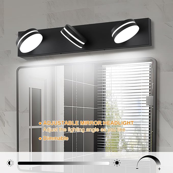 3-Light Bathroom Vanity Light Over Mirror, (24inch Dimmable) Matte Black LED Vanity Lighting Fixtures, Modern Bathroom Wall Light Fixtures with 360°Rotating Lamp Head (Cool White 5500K)
