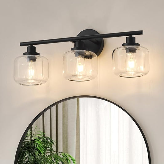 2025 Upgraded Black Bathroom Vanity Light 3-Lights Bathroom Light Fixtures Over Mirror with Glass Shade 25 inch Wall Sconce Lighting Bath(Exclude E26 Bulb)