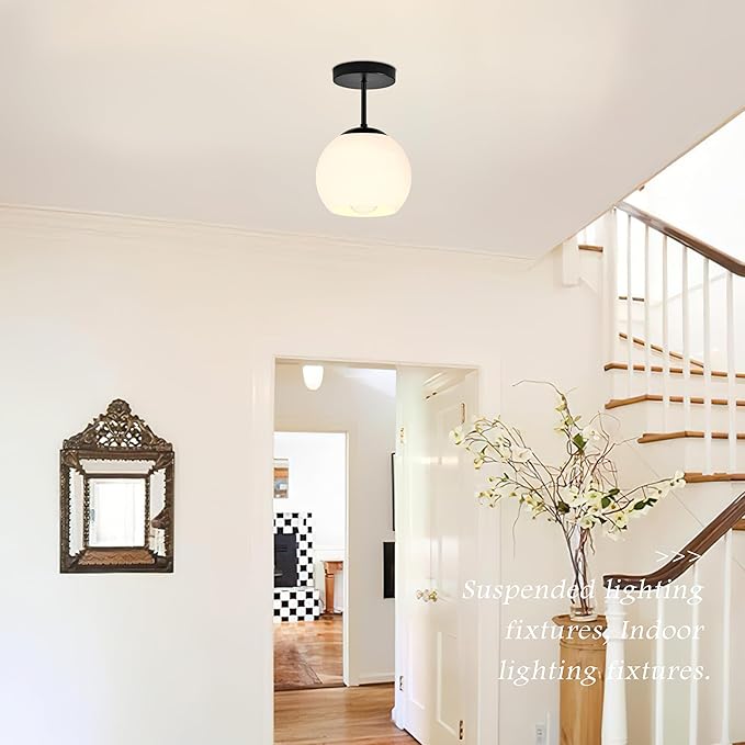 Black Semi Flush Mount Ceiling Light Fixture Milk Glass Light Fixture Mid Century Flush Mount Ceiling Light Black Flush Mount Ceiling Light Schoolhouse Light Fixture for Dining Room(Bulb Incl.)