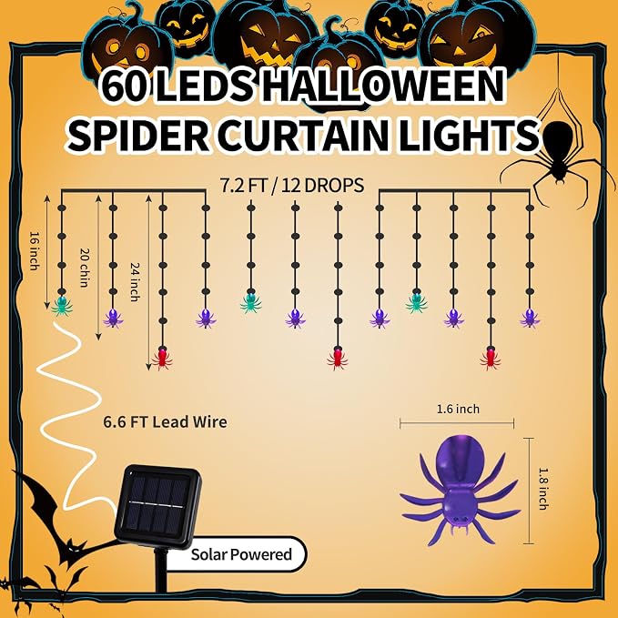 Halloween Spider Curtain String Lights, 7.2Ft Halloween Decorations Outdoor Indoor with 12 Multicolor Spiders and 60 Purple LED Bulbs Fairy Lights for Window Porch Garden Party Décor, Solar Powered