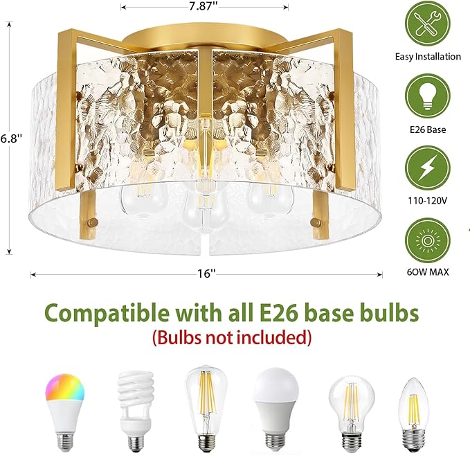 16'' Modern Gold Semi Flush Mount Ceiling Light, 4-Light Glass Drum Light Fixtures, Ceiling Lights for Hallway Entryway Bedroom Kitchen Canteen Bedroom Laundry Room Lighting Fixture Bulbs not Included