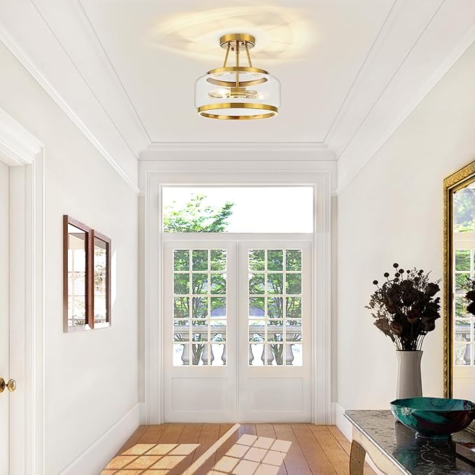 11.81" Gold Semi Flush Mount Ceiling Light Modern Glass Drum Ceiling Light Fixture 3-Light Ceiling Lights for Hallway Entryway Bedroom Kitchen Dining Room Laundry Room Close to Ceiling Light Fixtures