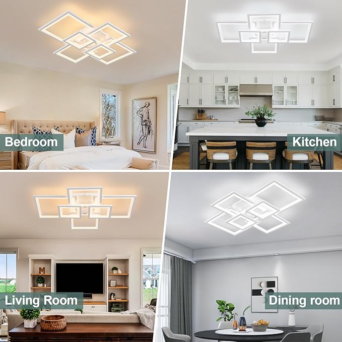 EIDISUNY Modern LED Ceiling Light, Square LED Flush Mount Ceiling Light, Dimmable Kitchen Light Fixtures with Remote&APP, Close to Ceiling Lighting Fixture for Dining Room Living Room Bedroom(White)