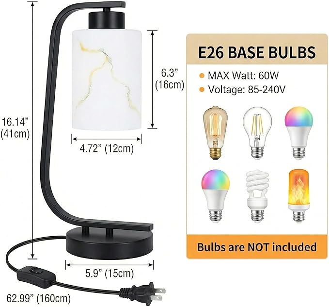 Modern Industrial Table Lamp, Marble Pattern Glass Shade Desk Lamp with C-Shaped Black Metal Base, Bedside Nightstand Lamp for Bedroom, Living Room, Office, E26 Base