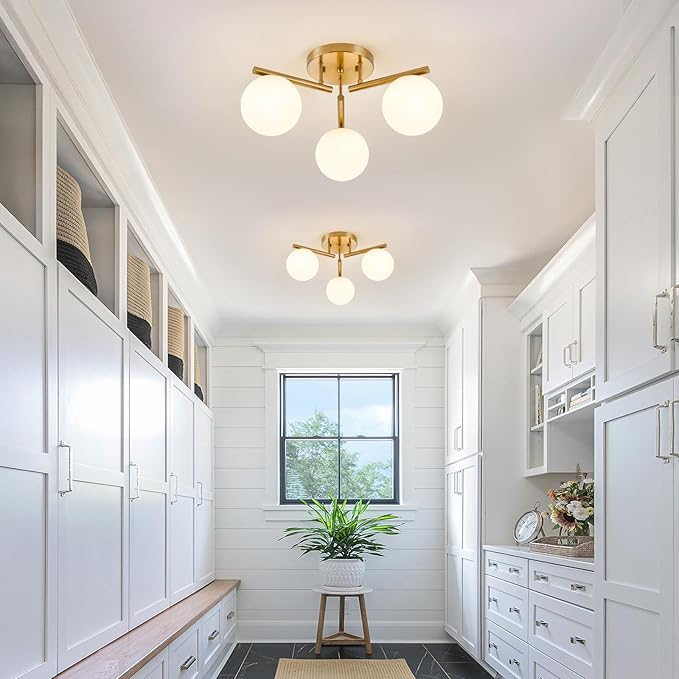 3 Light Brass Sputnik Ceiling Light Fixture, Globe Semi Flush Mount Ceiling Light, Brass Gold 21.65 '' Milky Glass Globe Mid Century Modern Light for Bedroom Hallway Living Room