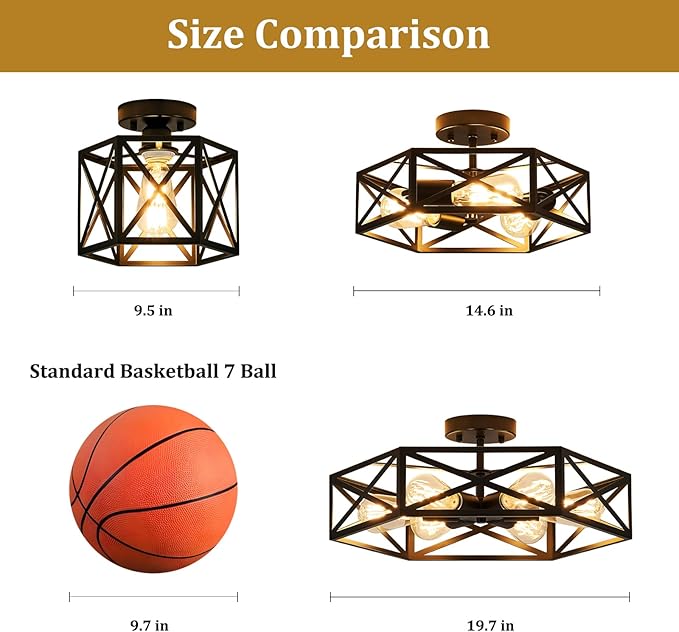 Modern Farmhouse Semi Flush Mount Ceiling Light,Industrial Black Ceiling Lighting Fixture,Hexagonal Close to Ceiling Lights for Kitchen,Living,Dining Room,Bedroom,Foyer,Laundry Room,19.7 Inch