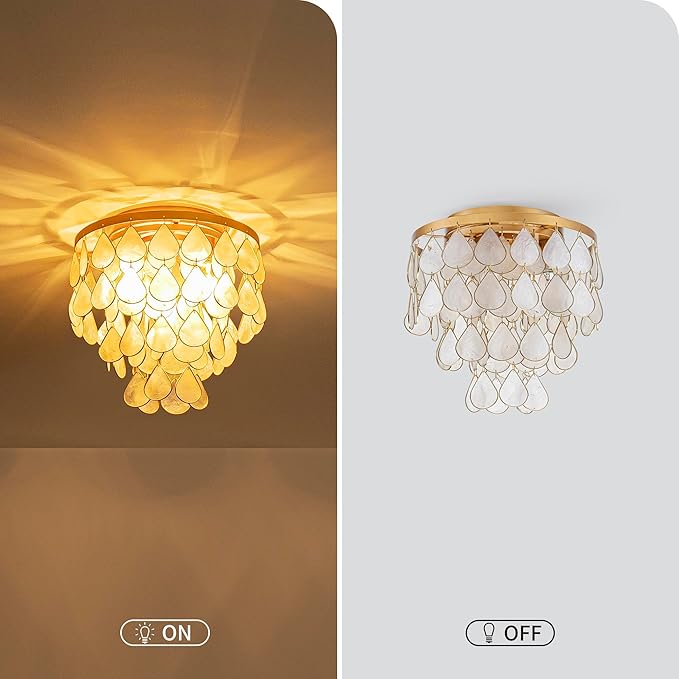 3-Light Teardrop Capiz Shell Ceiling Light, Coastal Design Flushmount Close to Ceiling Light for Kitchen, Dining Room & Bedroom, D11 * H11 inch, Gold Finish