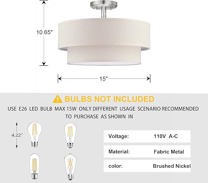 3 Lights 15 Inch Semi Flush Mount Close to Ceiling Light Fixture,Cream Fabric Shade Brushed Nickel Finish for Bedroom,Living Room,Dining Room Hallway
