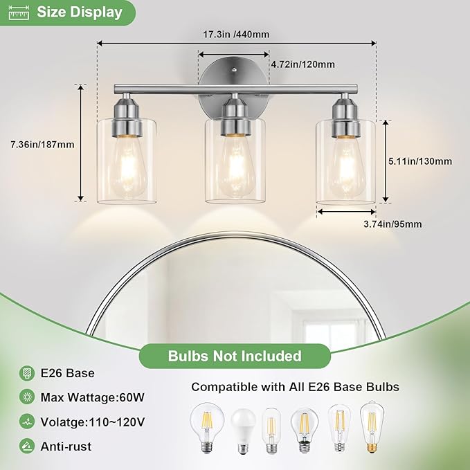 3-Light Bathroom Vanity Light Fixture, Modern Wall Lamp for Mirror with Clear Glass Shade, Silver Finish