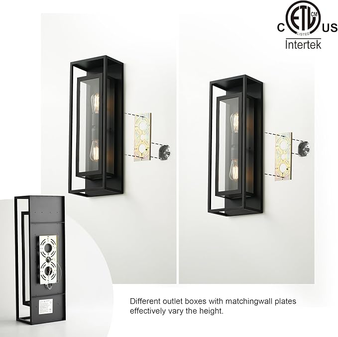 mirrea 24" Classic Outdoor Wall Sconce 2 Lights in Matte Black Rectangular Metal Frame and Clear Glass Shade Waterproof Porch Light Patio Light Pack of 2